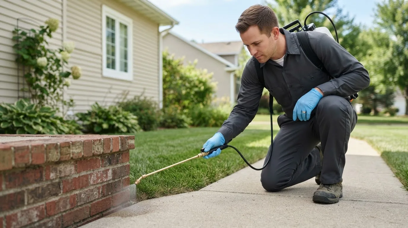 Pest control technician treating a home near Wheeling, MO