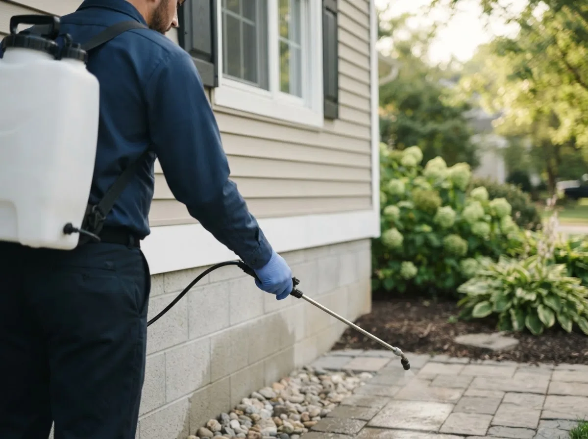 Pest control technician inspecting a home in Wheeling, MO